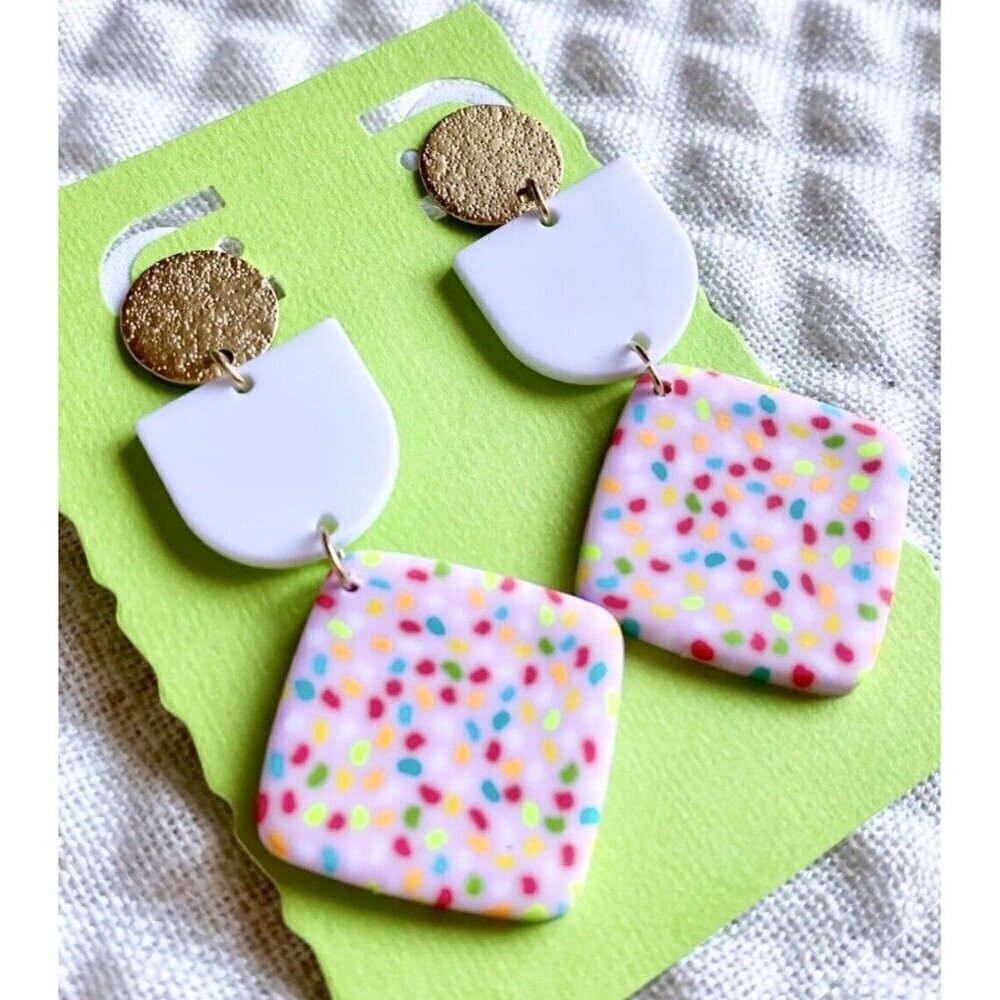 New Pink White Multicolor Dot Geometric Retro 80s Style Matte Earrings - 2.50"